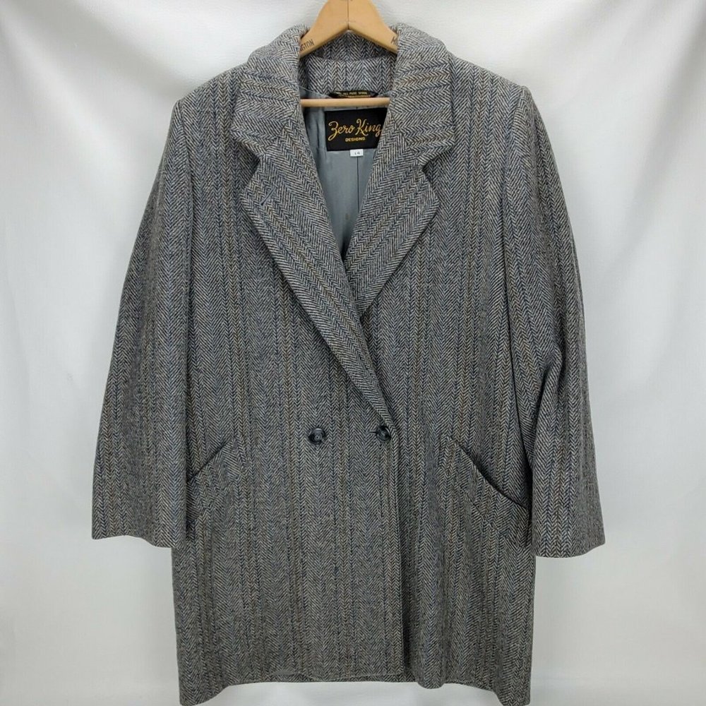 VTG Blue & Gray Herringbone Tweed Wool Blazer Winter Jacket Zero King Women's 14